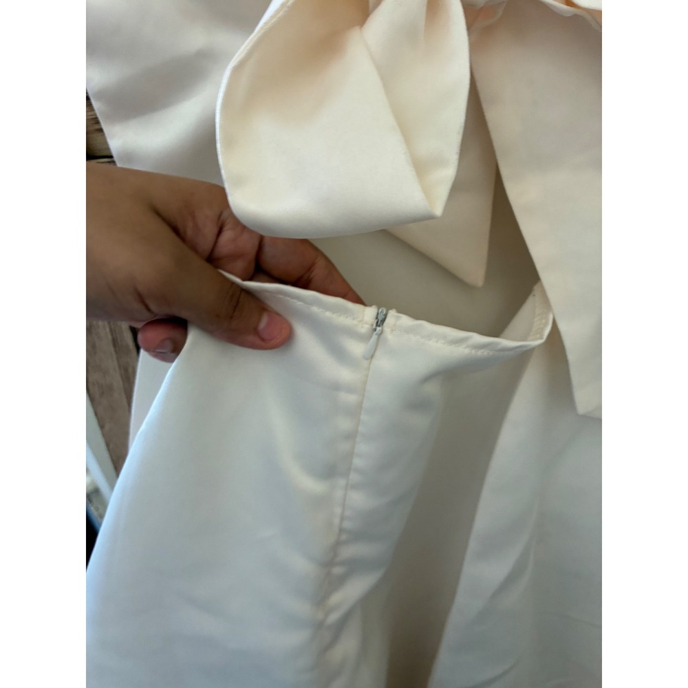 Cream White Satin Bow Back Cocktail Bridal Mini Dress Large Minimalist - Picture 7 of 9
